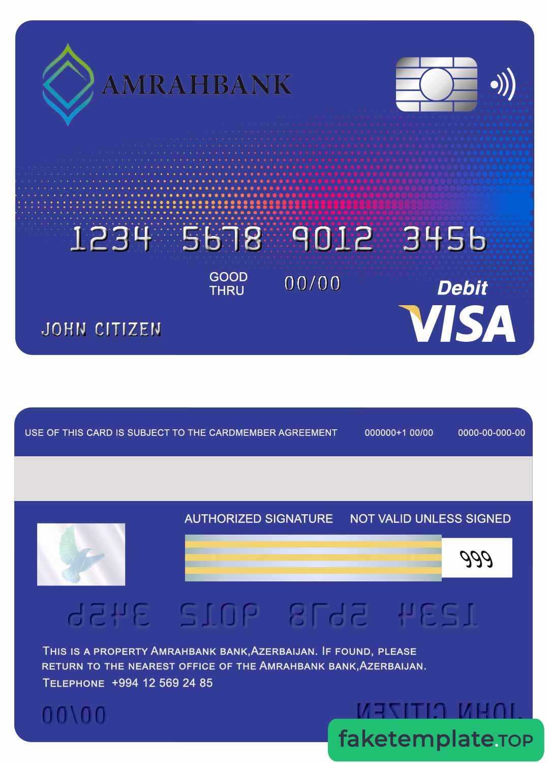 Feature of fake Azerbaijan Amrahbank visa card example